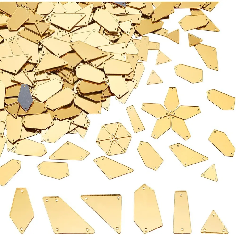 

300pcs 6 Styles Sew on Mirrors Golden Acrylic Mirror Triangle/Hexagon DIY Mirrored Rhinestones Mirror Piece Loose Bead Links