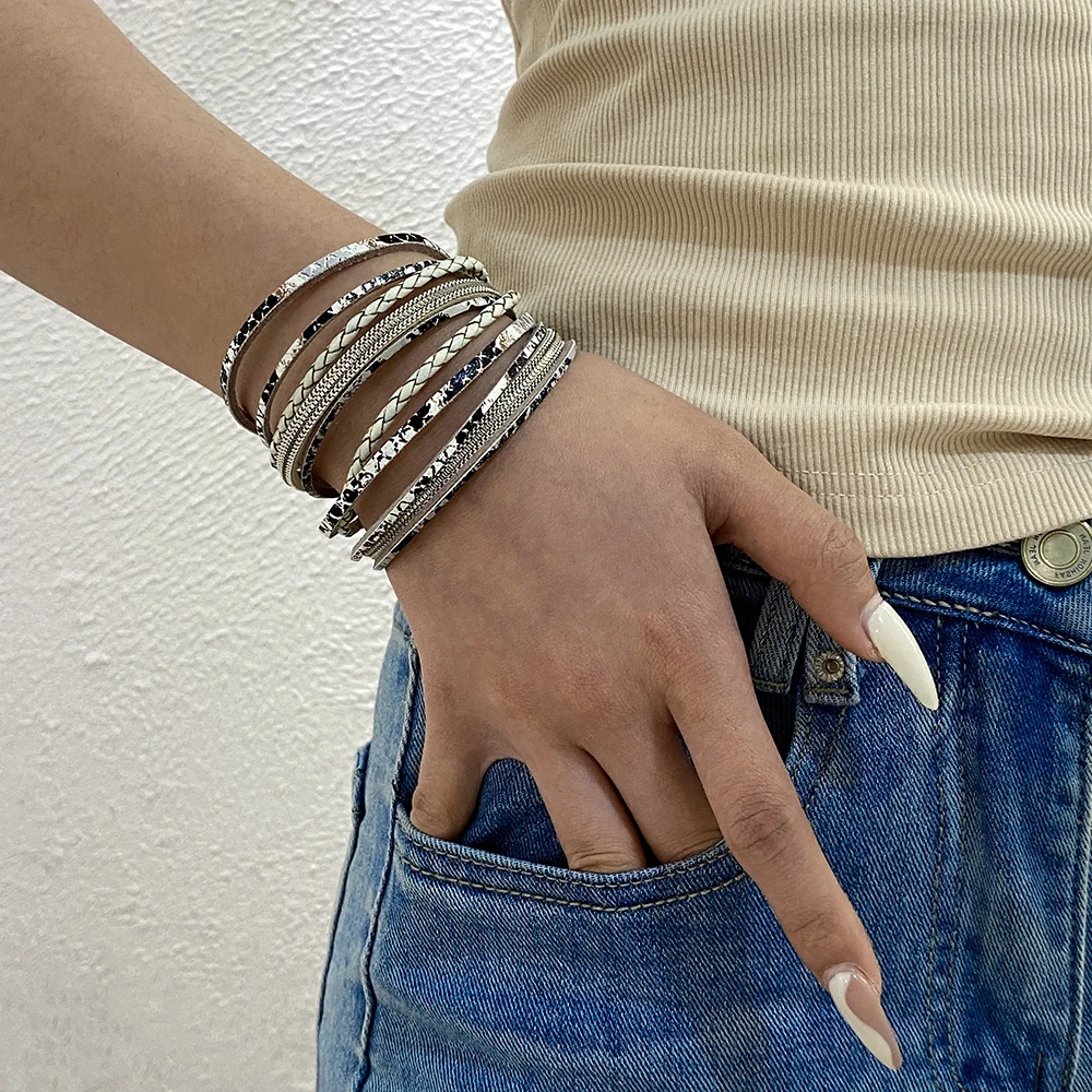 ALLYES Vintage Snake Skin Leather Bracelet Charm Jewelry Gifts Bohemian Long Multilayer Wrap Bangle Bracelets for Women Men