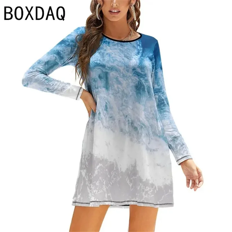 Women Long Sleeve O-Neck A-Line Dress 3D Gradient Floral Print Sweet Elegant Dress Big Size S-3XL Female Vestidos
