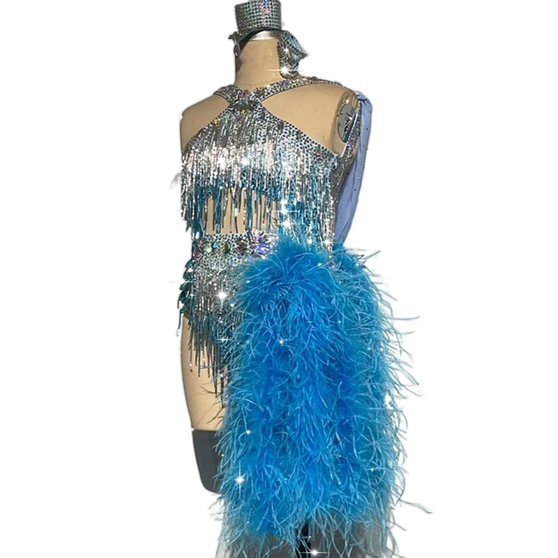 Latin Dance High-end Custom Ostrich Hair Full Diamond Blue Dance Dress Cha Tango Female Adult Stage Professional Dress