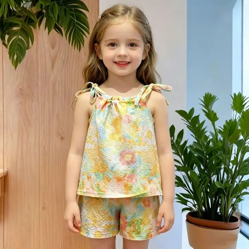 Children's set, girls' summer new Korean version floral camisole top+shorts two-piece casual set, 0-6 years old