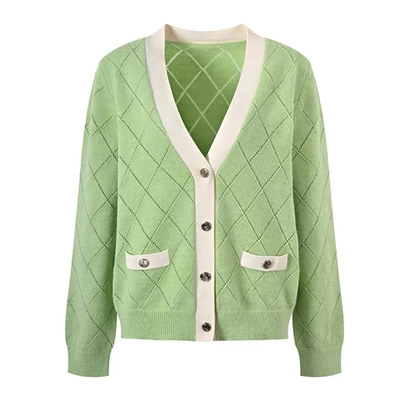 

2024 Early Spring Women's Green Jacket Top Simple Diamond Plaid Knitted Cardigan Sweater For Women