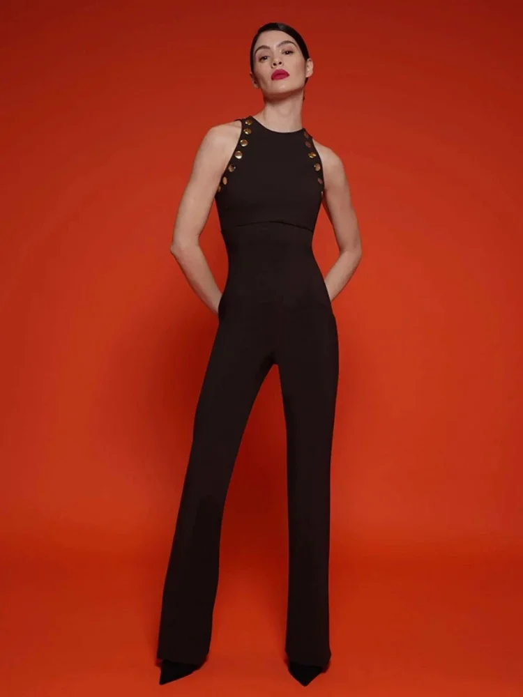 

Sexy Sleeveless O Neck Sequined Bandage Jumpsuits for Women Black Flare Pants Bodycon Celebrity Evening Party Runway Rompers