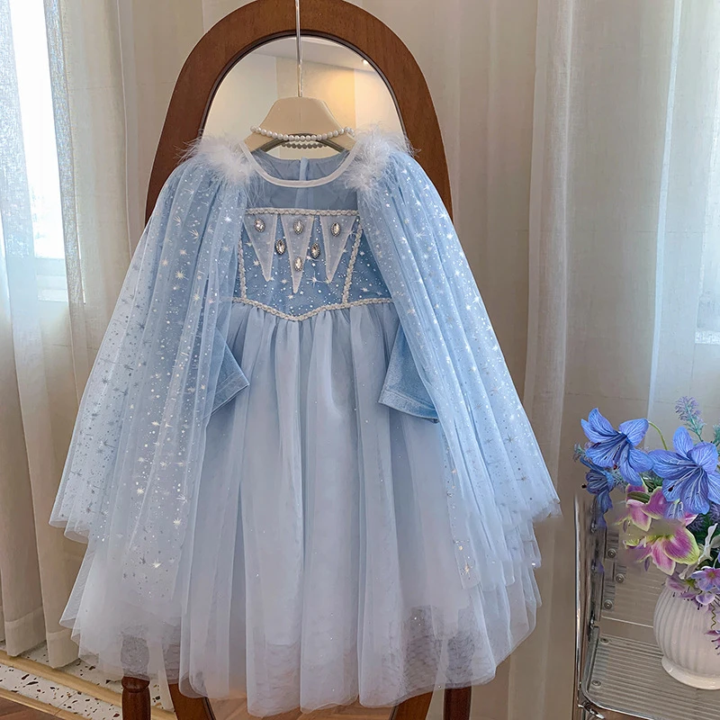 

Children's Dress Princess Dress For Girls Tulle Skirt With Detachable Shawl Ice And Snow Dress For Prom Birthday Dresses Luxury