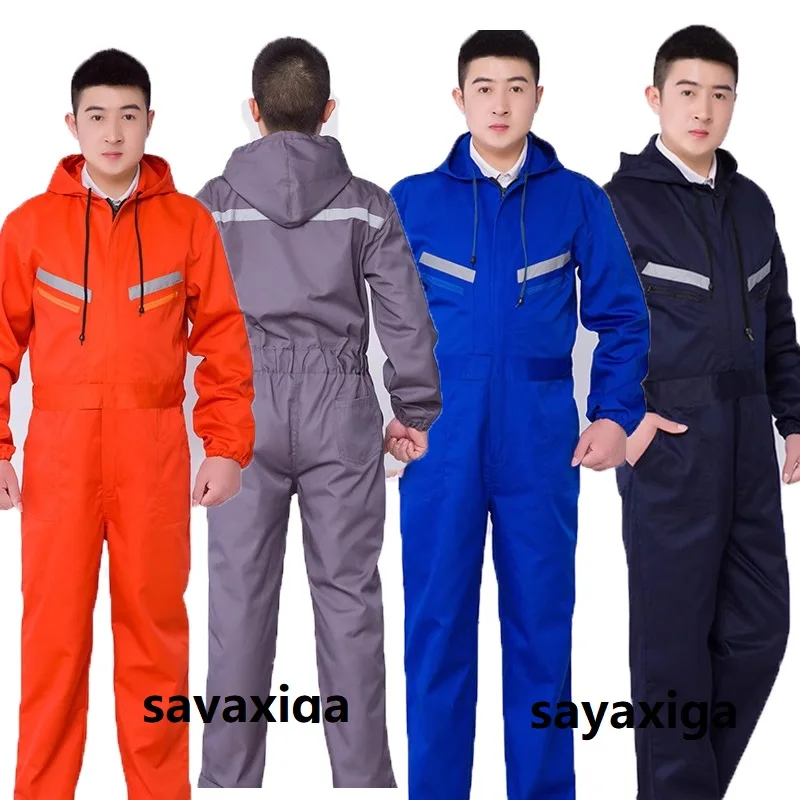 Hi Vis Safety work clothing Work Overalls Reflective Stripe hooded worker Uniform Mechanic factory workshop sailor Work Coverall