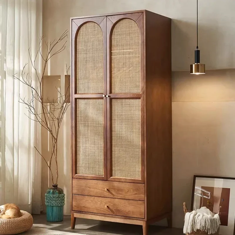 Nordic solid wood rattan wardrobe Japanese retro small apartment bedroom home locker modern simple storage wardrobe