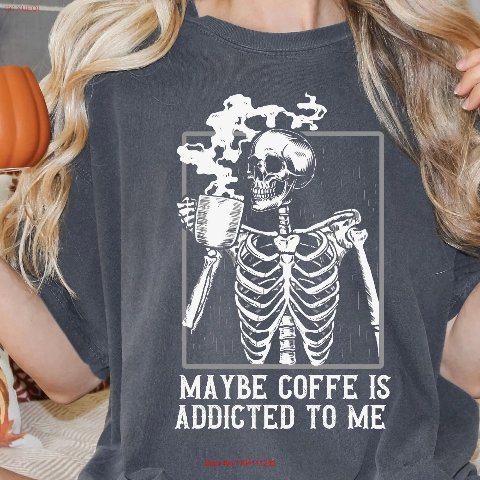 Funny Coffee Lover Comfort Colors T Shirt Halloween Skeleton Spooky Season Trendy Fall Oversized Pumpkin Spice