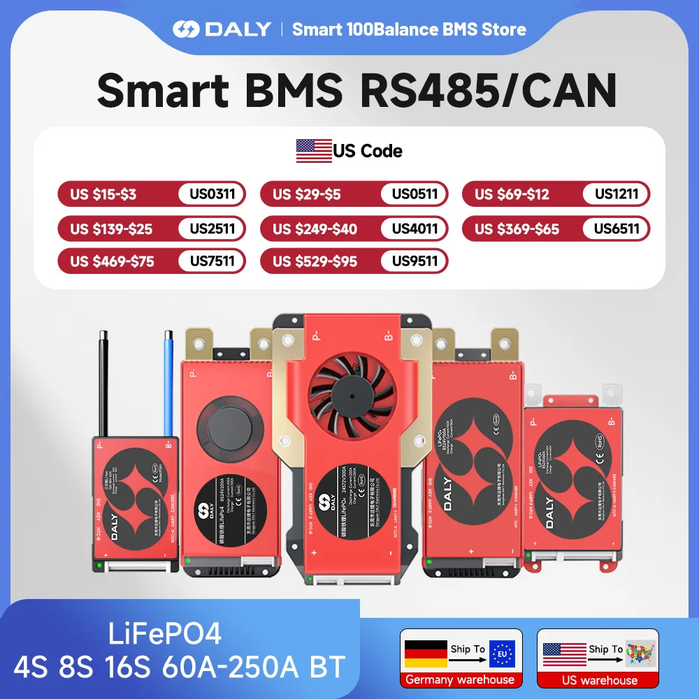 Daly Smart BMS for LifePo4 4S 12V 8S 24V 16S 48V 100A 250A Bluetooth RS485 CANBUS Communication Solar Battery Wide Application