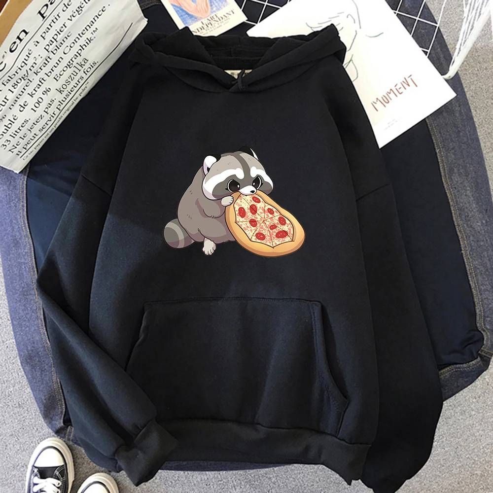 Cartoon Pizza Raccoon Hoodie Women Cute Print Hoodies Harajuku Sweatshirts Autumn Winter Plus Size Fleece Hooded Pullover