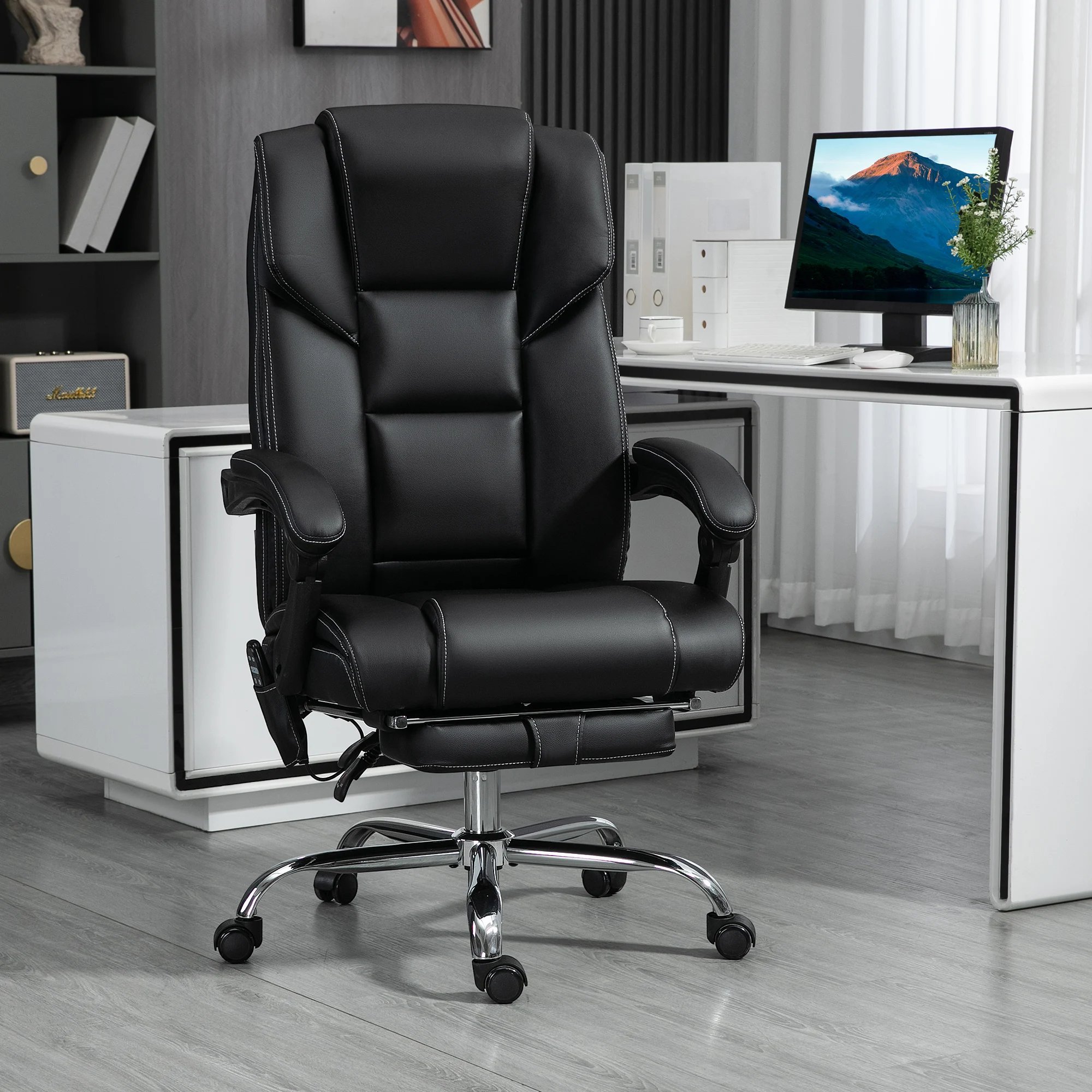 6 Point Vibration Massage Office Chair with Heat, PU Leather Computer Chair with Adjustable Height Reclining Back, Black