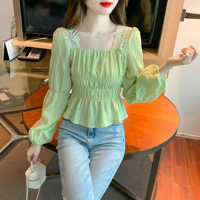 Women\'s Spring Fashion Solid Color Simplicity Pleated Square Collar Long Sleeve Shirts Women Clothes Elegant All-match Slim Tops