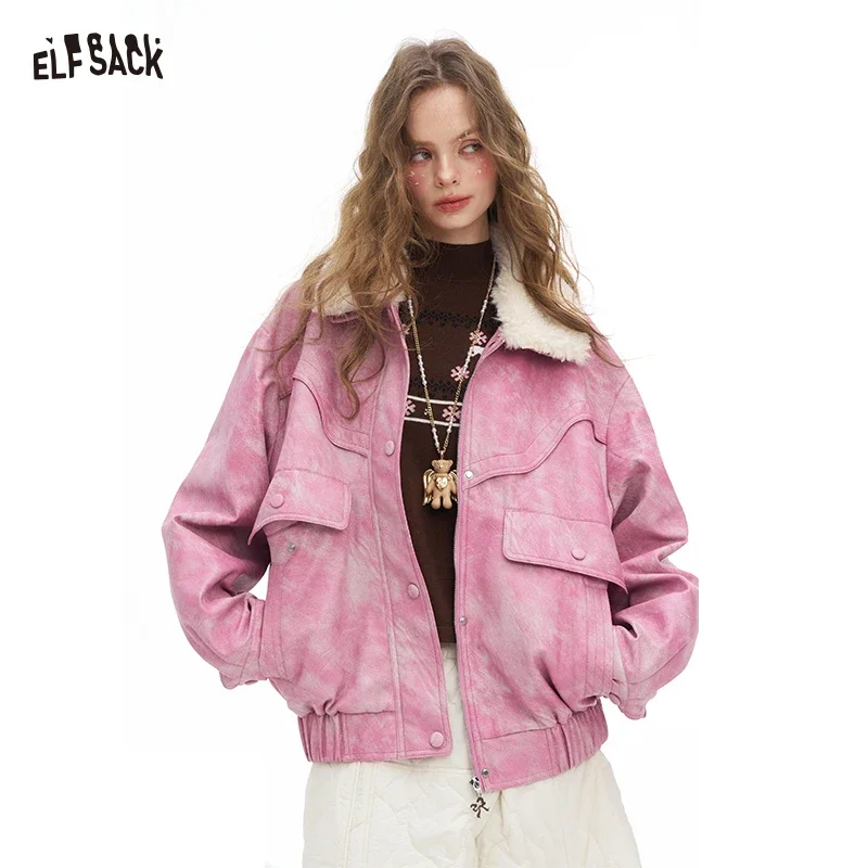 ELFSACK Y2K Bright Solid Ombre Effect Plush Lapel Faux Leather Jacket For Women