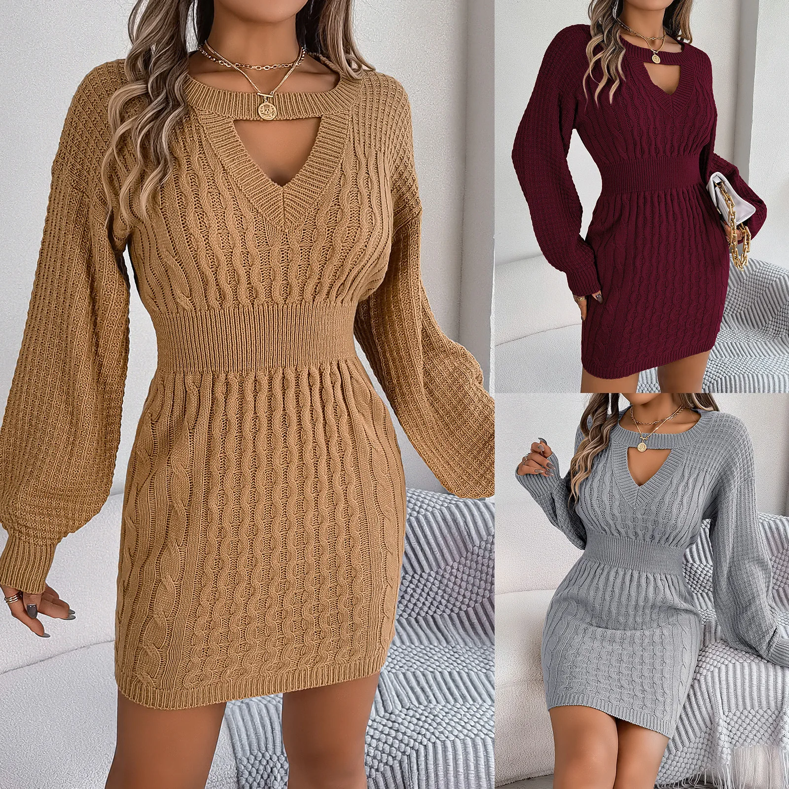 Casual Loose Twists Knit Sweater Dresses Autumn Winter Women Dresses 2024 Hollow Out V-neck Full Lantern Sleeve Hip Mini Dress