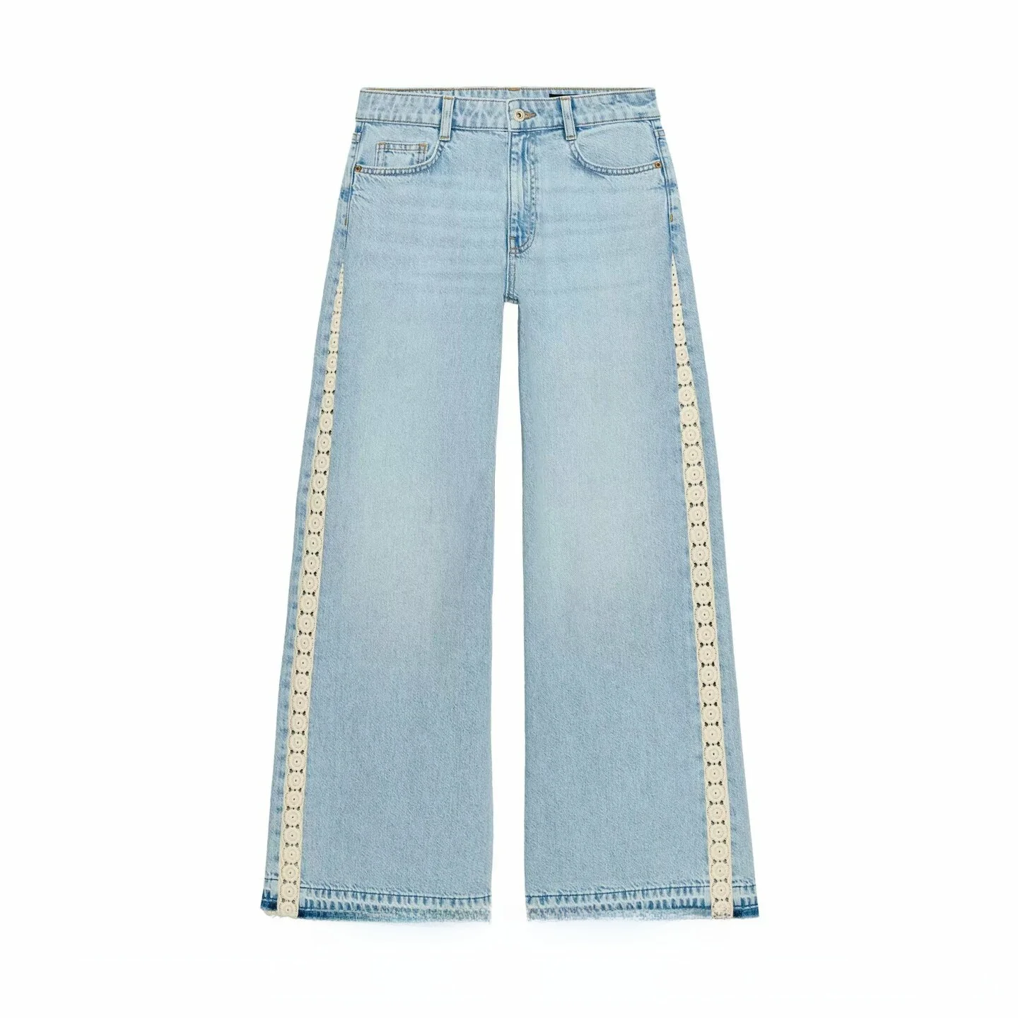 High Waist Wide Leg Cotton Denim Jeans Women's Spring Summer New Style Side Splicing Hook Needle Decorated Casual Trousers