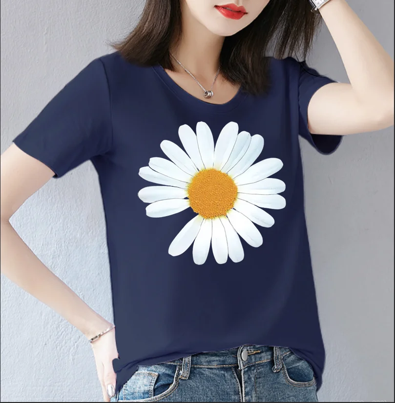 

Cotton 100% New Summer Fashion Flower Print T-shirt Short Sleeve Round Neck Half Sleeve Daisy Women Clothing Oversized T Shirt