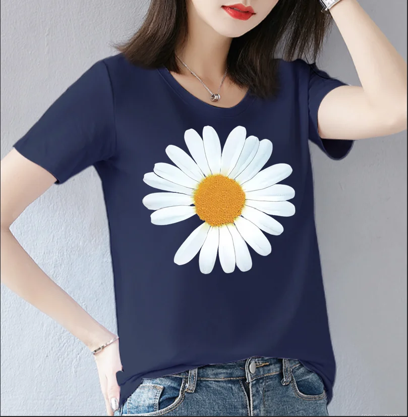 Camiseta de algodón con estampado de flores para mujer, camiseta de manga corta con cuello redondo y Media manga con margaritas, ropa de gran tamaño