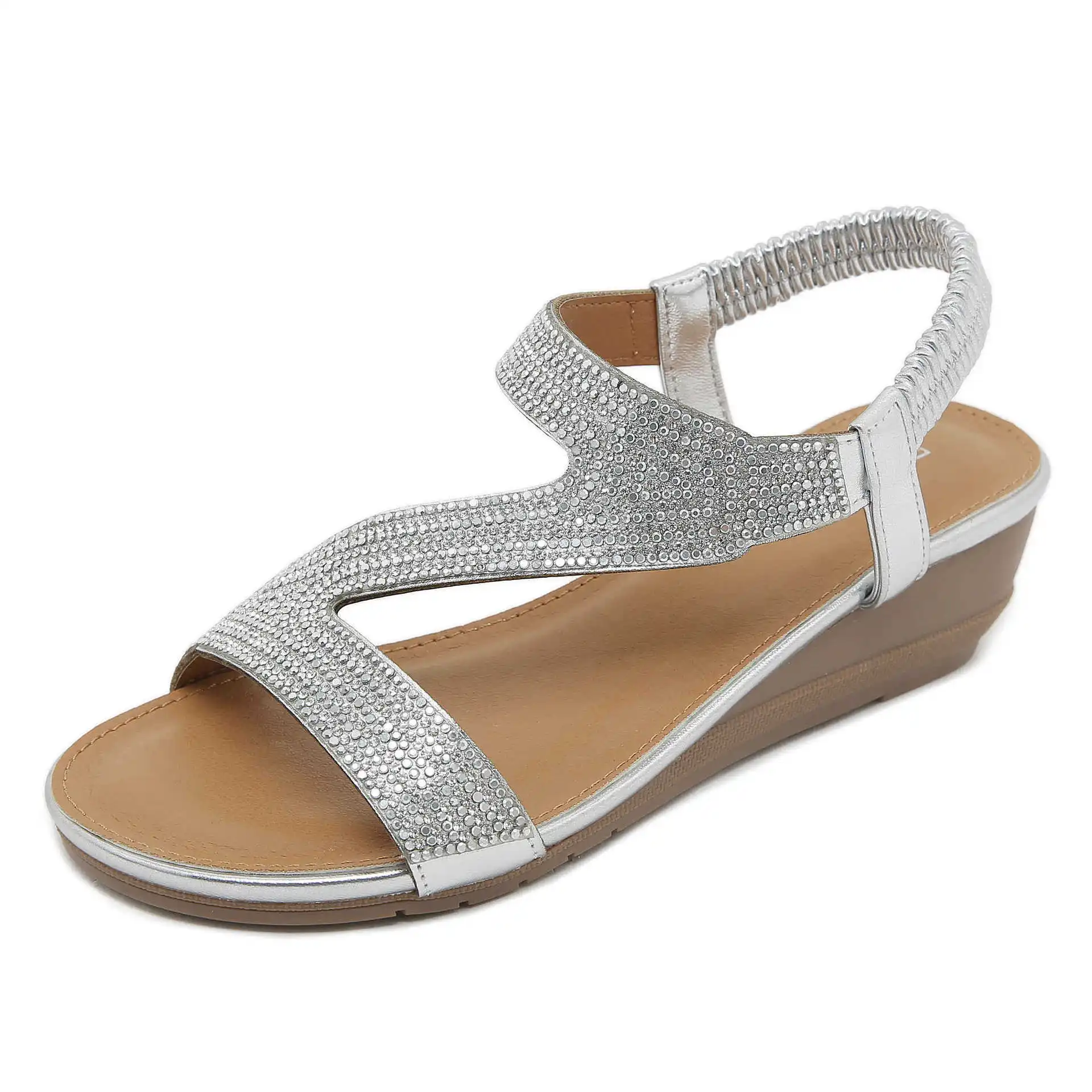 

2024 Summer New Fashion Little Rhinestone Casual Commuting Versatile Comfortable 5CM Wedge Heel Elastic Strap Women's Sandals