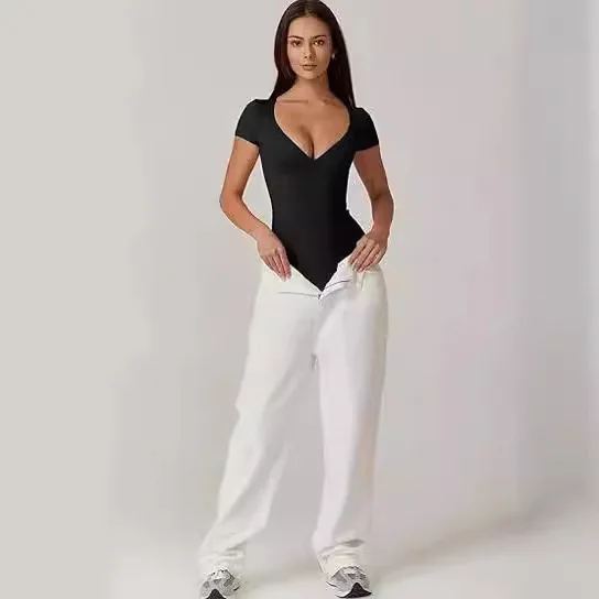 

Летний наряд, женский облегающий комбинезон, футболка с глубоким v-образным вырезом, длинные брюки в рубчик со средней талией, легкий вес из тонкой ткани