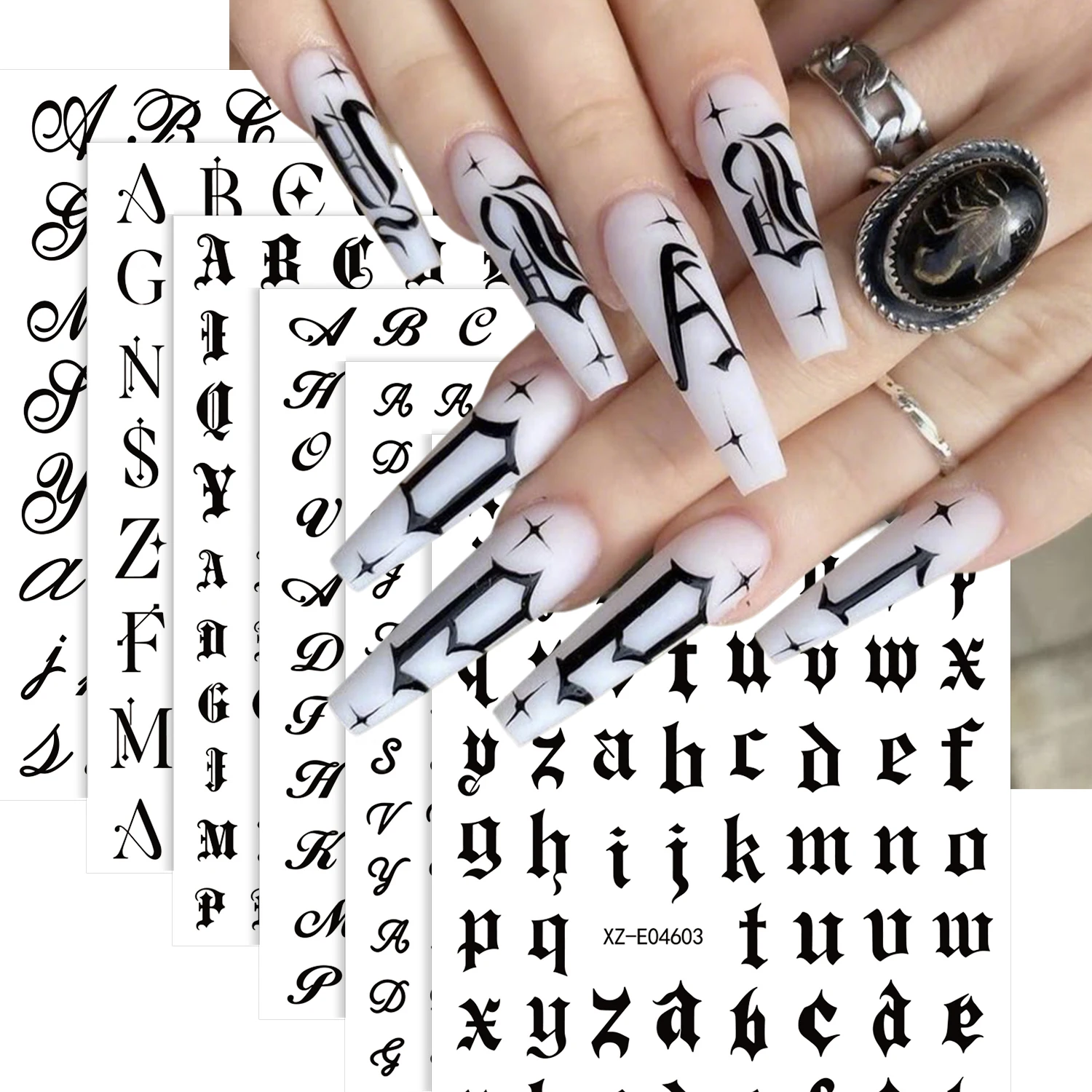6 Stück/Set Schwarze Gothic 26 Englische Buchstaben Nagelaufkleber 3D Retro Alte Alphabet-Nagelsticker Selbstklebende Englische Buchstaben Nageldekoration – Detail 1
