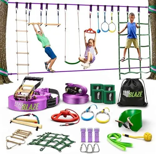 Obstacle Course for Kids - Outdoor Fun 2x55 Ft Slackline Clim Net Rope Ladder Trapeze Swing Monkey Bars - Durable and