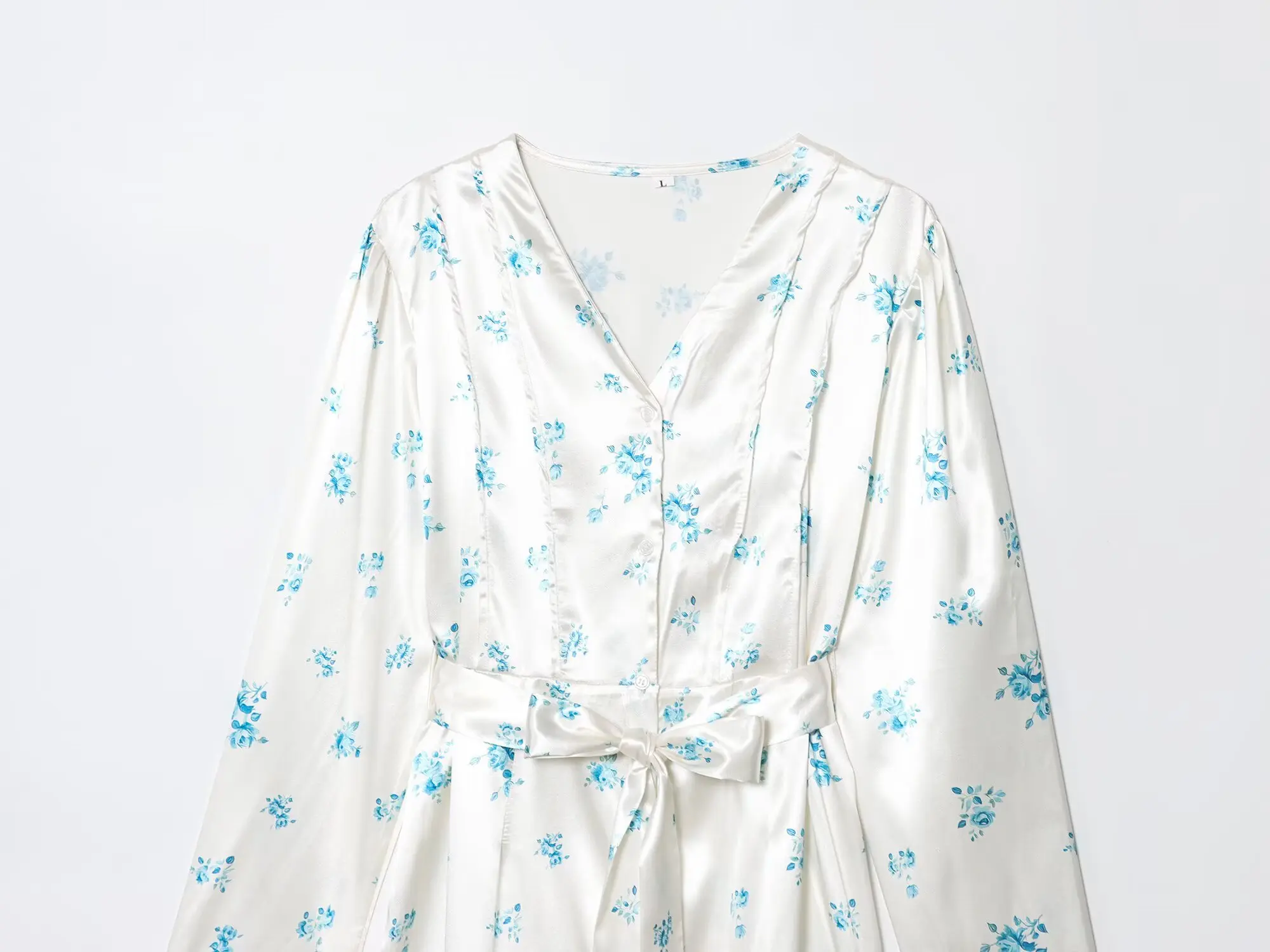 여성 긴팔 V넥 싱글 버튼 맥시 새틴 드레스 가을 플로럴 프린트 롱 드레스 (벨트 포함)