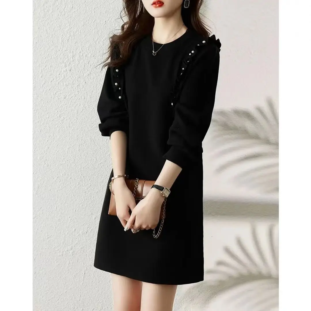 New Autumn and Winter Outfit with Coat Woolen Dress Women\'s Round Neck Loose Fit Long Sleeves and Knitted Dress Inside