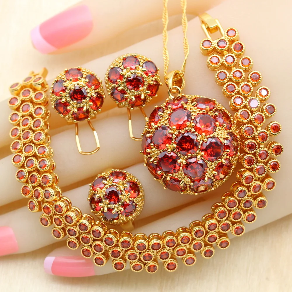 18K Gold Color Jewelry Sets For Women Red Zircon Bracelet Hoop Earrings Necklace Pendant Rings Free Gift Box