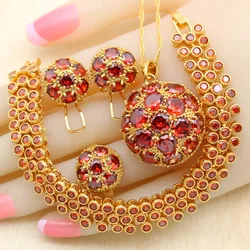 18K Gold Color Jewelry Sets For Women Red Zircon Bracelet Hoop Earrings Necklace Pendant Rings Free Gift Box