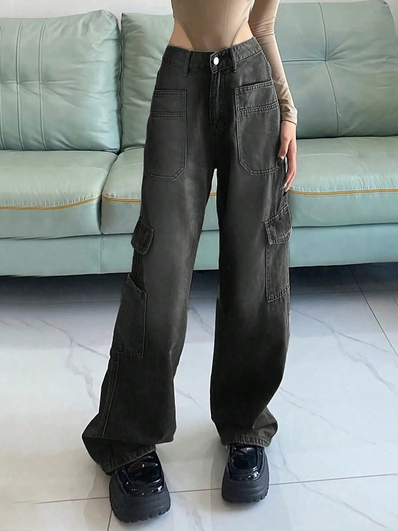 Faionable Bla losse wijde pijpen jeans met grote keten hoge taille afslankende zomer nieuwe collectie dames casual hoge taille jeans