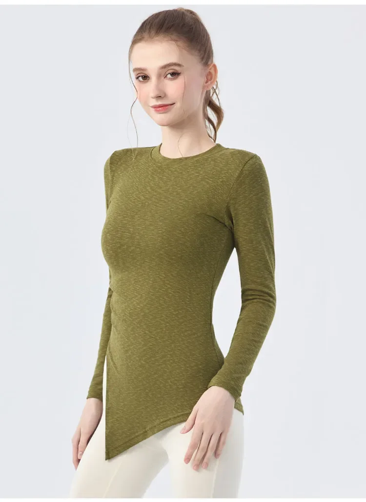 Herbst-Sport-Oberbekleidung, langärmelige Bluse, die das Gesäß bedeckt, für Damen, plissiert, mit Schlitz, lässiges Fitness-T-Shirt, Pilates-Yoga-Bekleidung – Detail 10