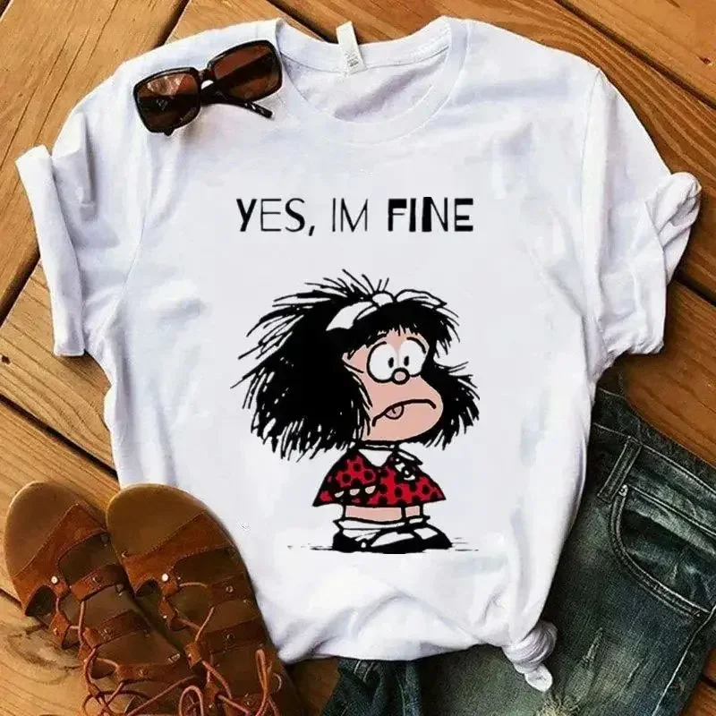 Mafalda Printing T-Shirts Cartoon Harajuku Style High Quality Summer Basic Tee Short Sleeve Neck Fashion Casual Sport Clothes