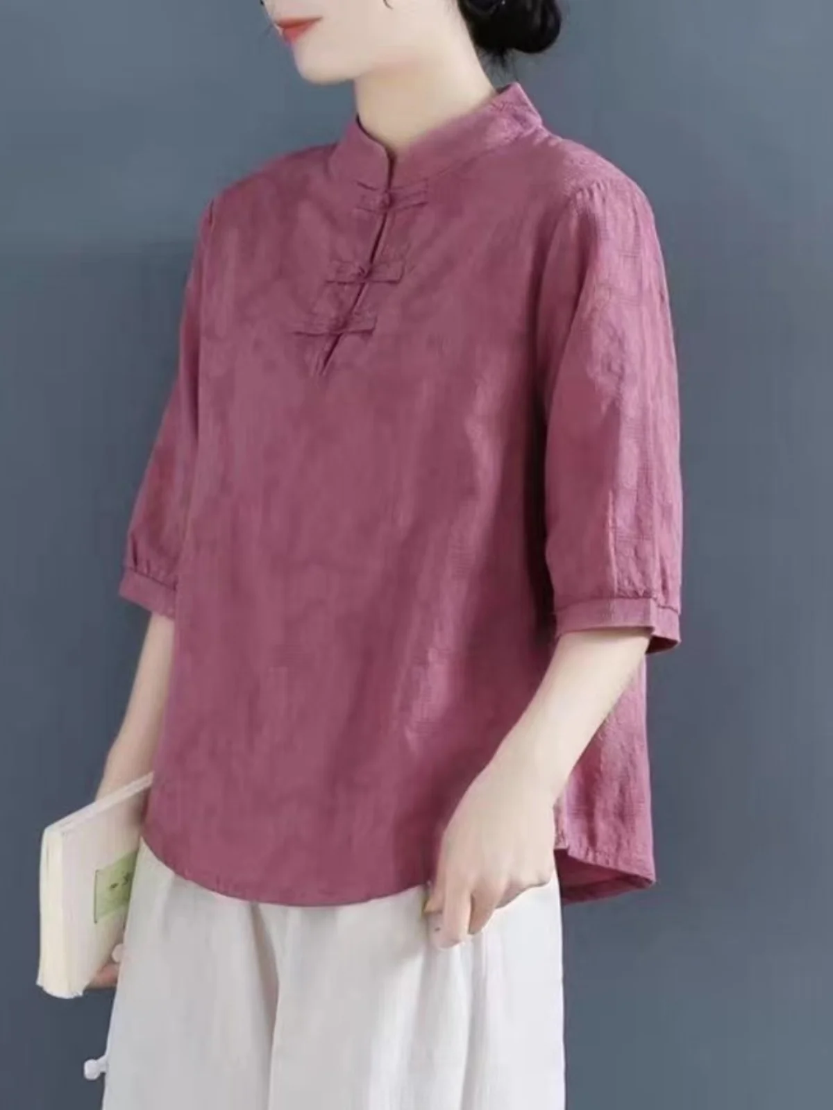 Women Summer Loose Casual T-shirts New Simple Chinese Style Solid Color All-match Loose Female Cotton Linen Tea Costume A901