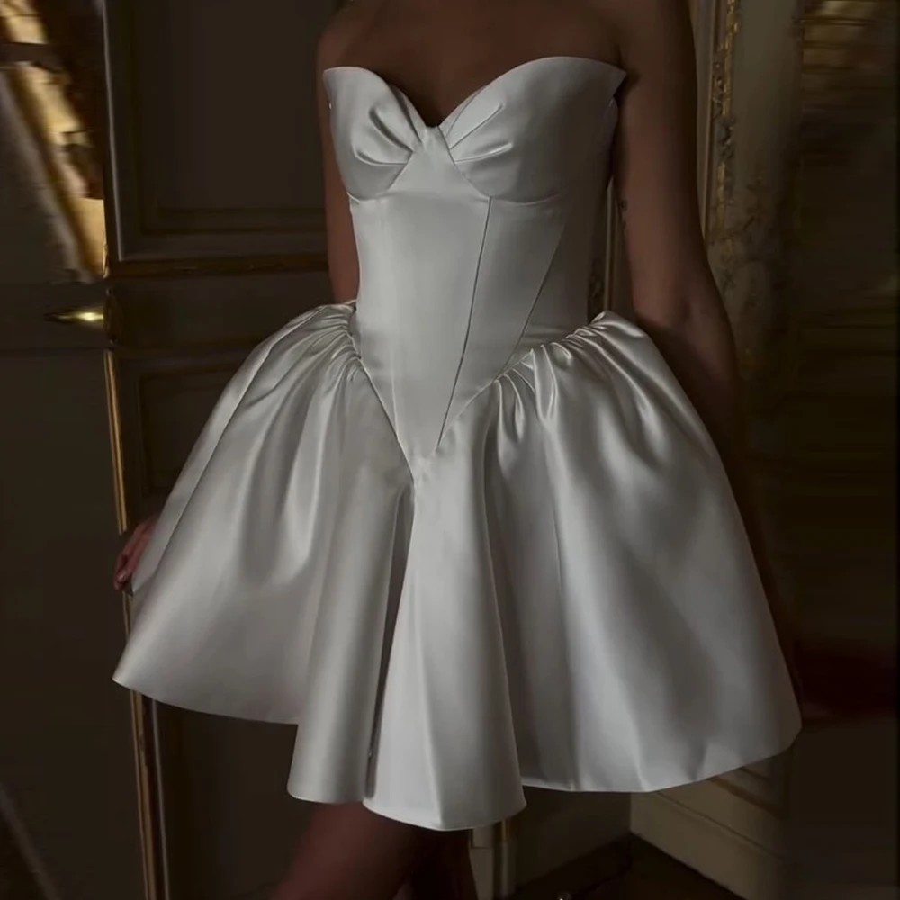 

Chic Women's Wedding Dresses Mini Satin A-line Wedding Party Dresses White Sweetheart Pleat Ruched Civil Wedding Dresses Short