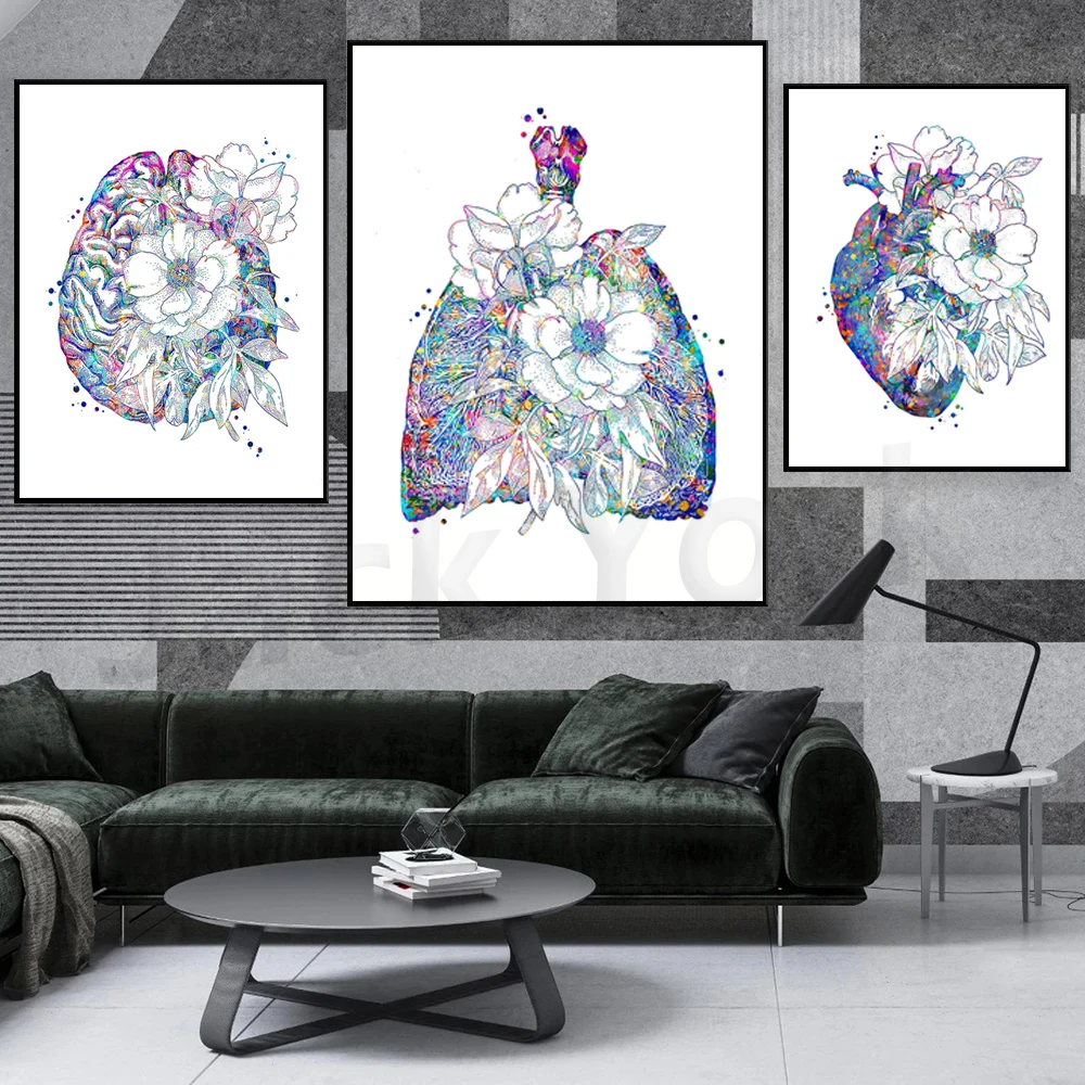 Doctor Office Decor, Brain Anatomy, Floral Heart, Lungs and Flowers, Medical Art, Clinic Decor, Doctor Graduation Gift
