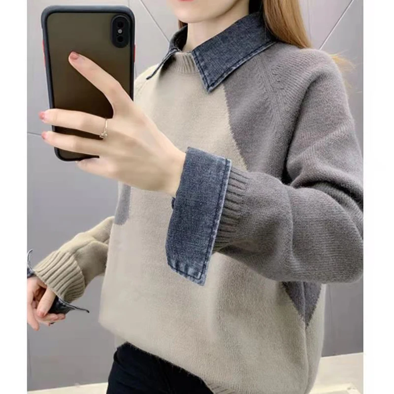 Autumn Winter Denim Patchwork Polo-neck Sweater Ladies Streetwear Loose Casual Pocket Knitting Top Women Fake Two Pieces Jumpers