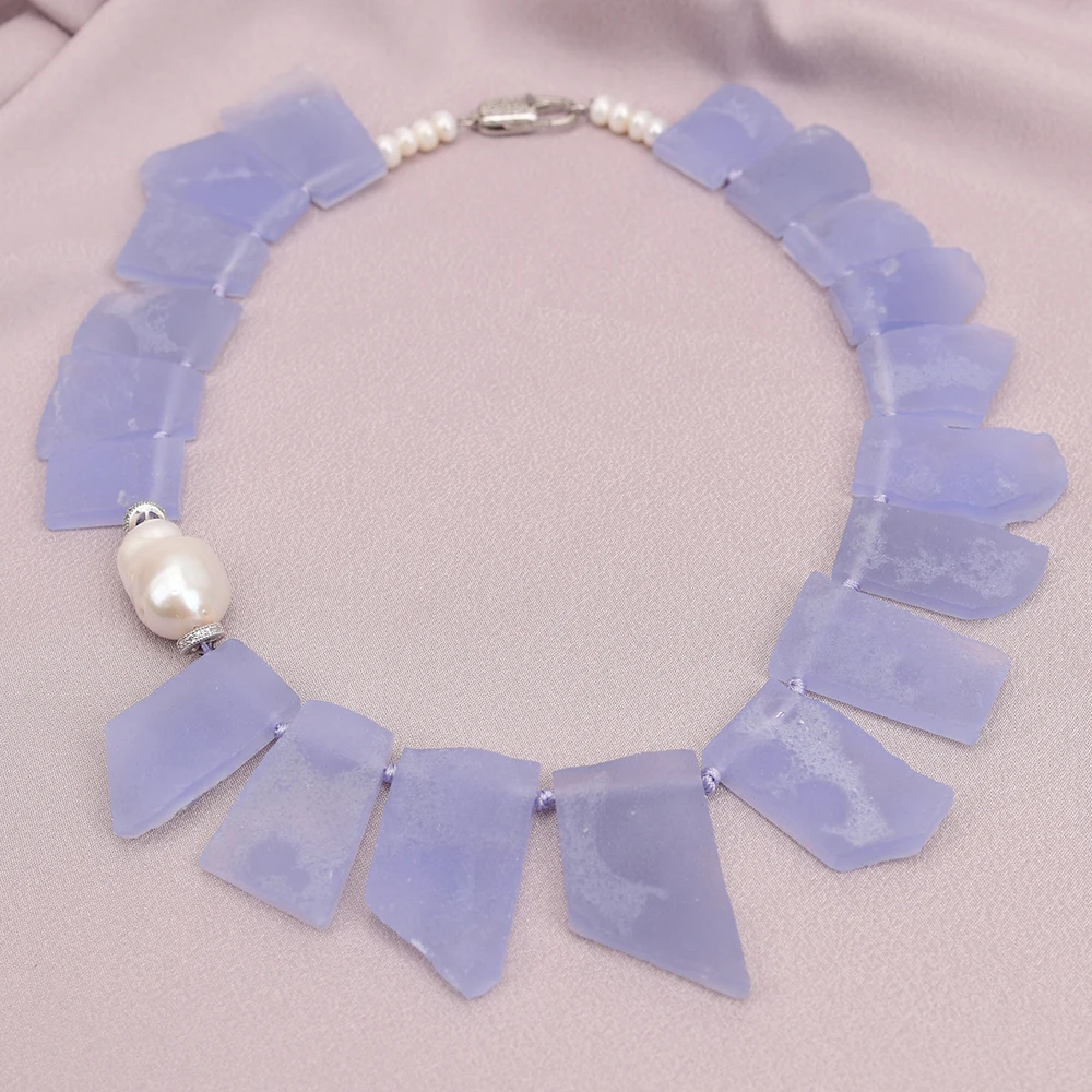 

G-G 19'' Natural Blue Chalcedony Lace Agate Stone White Keshi Pearl Necklace Handmade For Lady