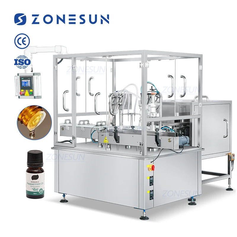 ZS-AFC50 Monoblock Rotary 4 Heads Servo Magnetic Pump Essential Oil Bottles Liquid Filling Capping Machine