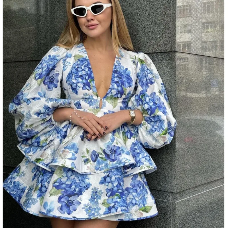 

Elegant Printed Ruffled Layered Mini Dress Women Fashion V Neck Puff Sleeves Slim A Line Short Skirt 2024 Lady Vacation Vestidos