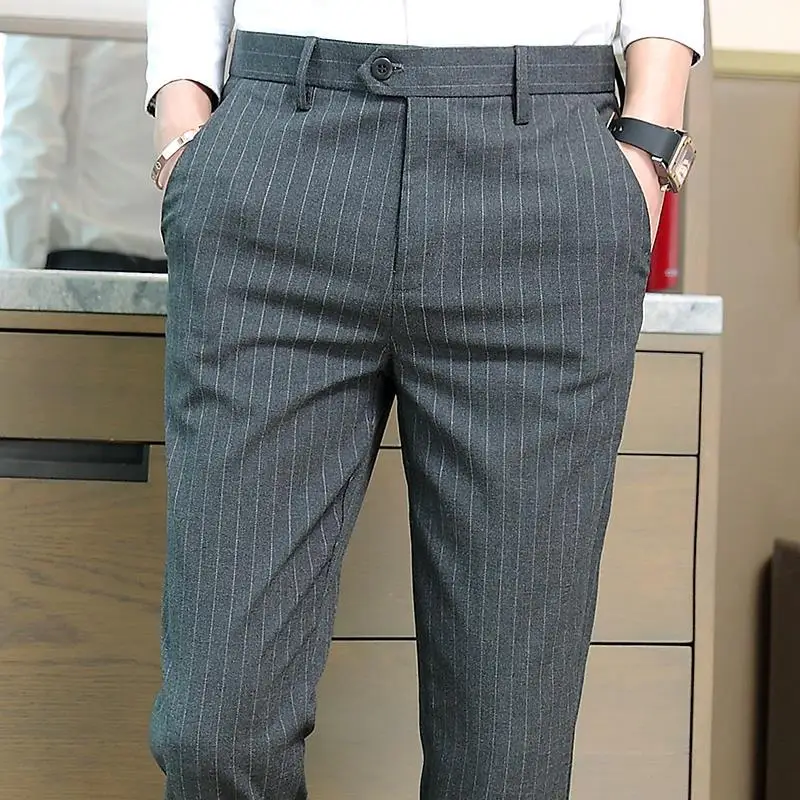 Men Korean Fashion Classic Striped Print Business Casual Suit Pants Spring Summer Pockets Slim Formal Trousers Pantalones Hombre