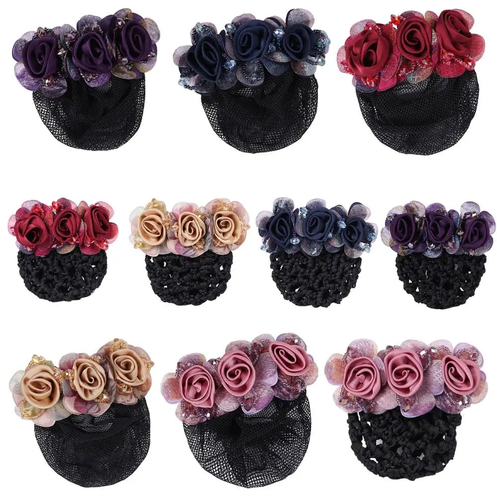 Elegant Roses Hairclip with Net Hair Bun Cover Bun Snood Women Hairgrips Flight Attendant Nurses Barrettes Hair Accessories