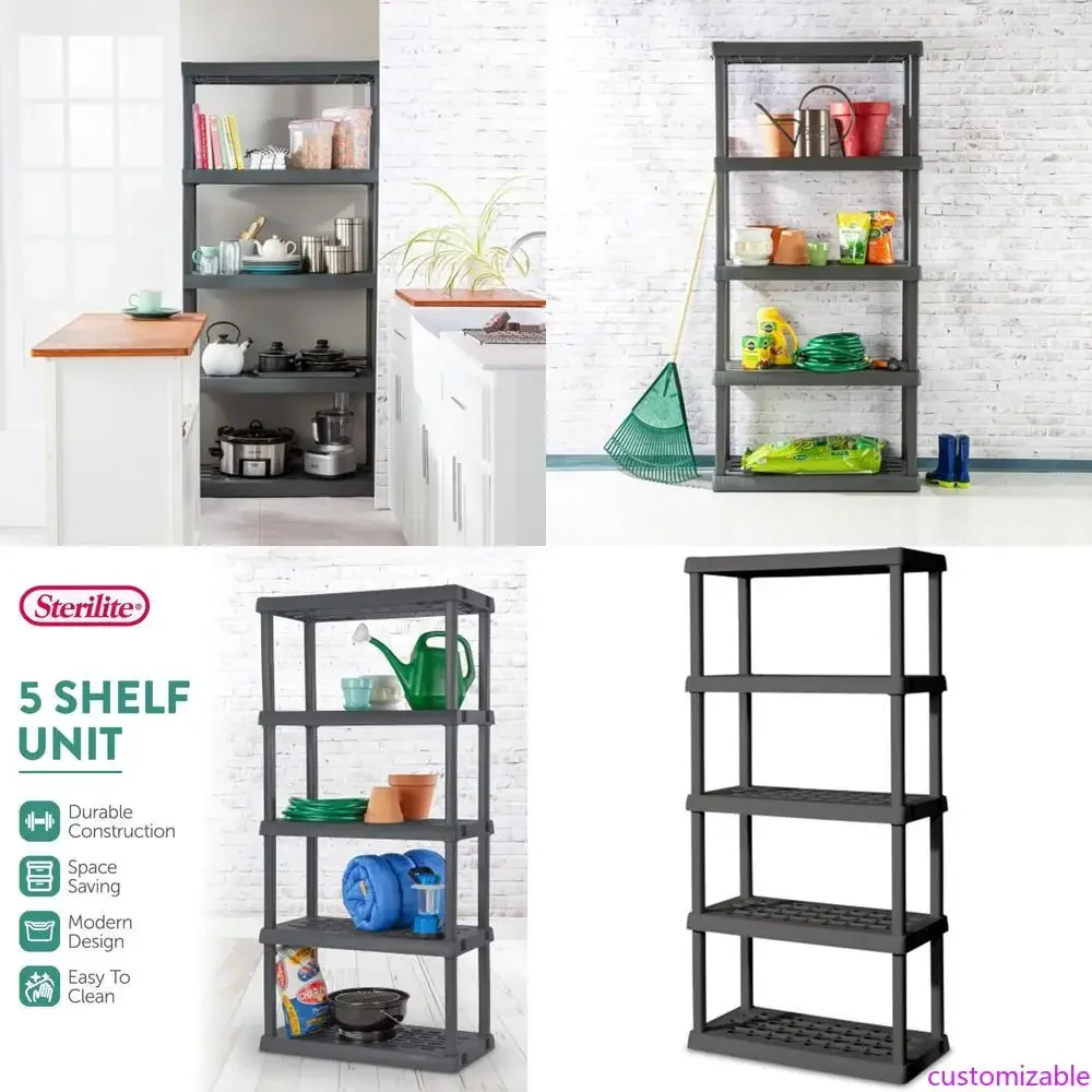 

Gray Heavy-Duty 5-Tier Plastic Storage Shelf Unit for Home and Garage, Multipurpose Organizer