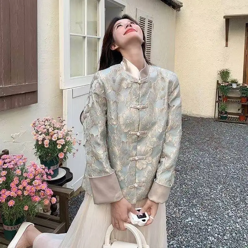 معطف دوبي أزرق عتيق مرقع للنساء ، طراز صيني ، معاطف جاكار ، جاكيت جاكار أنيق ، جديد ، الربيع والخريف ،