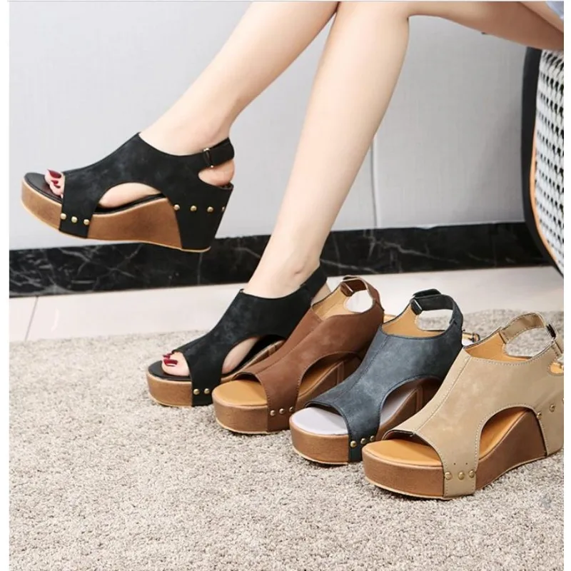 Summer Footwear Black Platform Wedge Sandals for Women Rubber Sole Buckle Peep Toe Elegant Woman's Shoes Sandalias Large Size 43