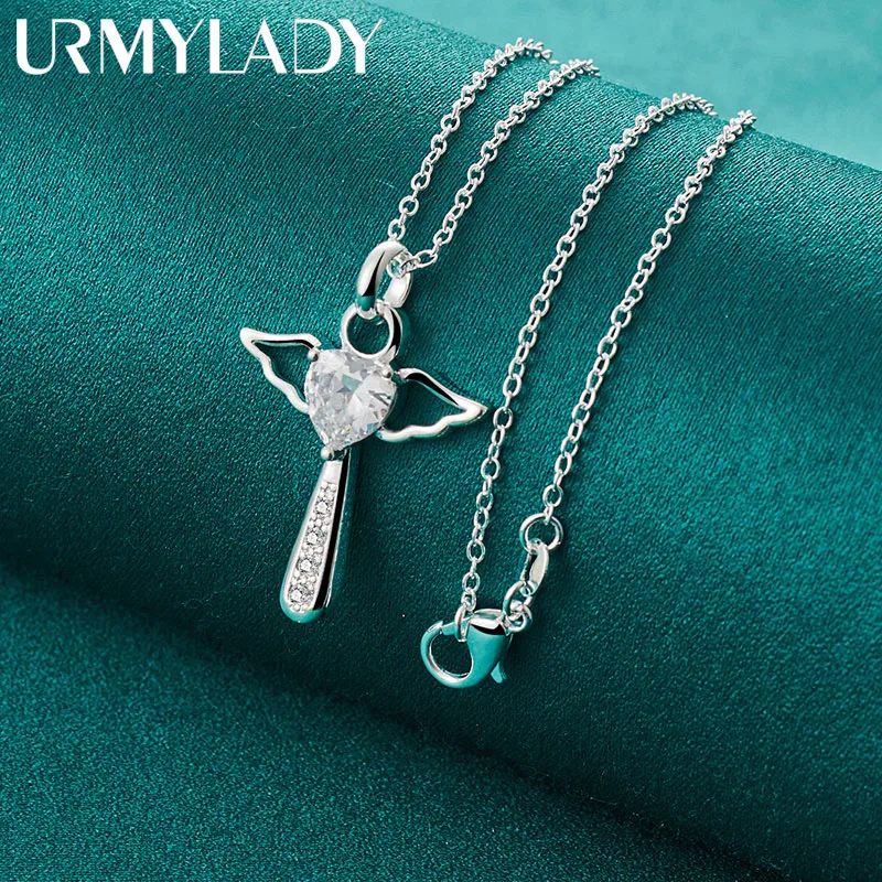 

URMYLADY 925 Sterling Silver Cross Angel AAAAA Zircon 16-30 Inch Pendant Necklace For Women Wedding Engagement Fashion Jewelry