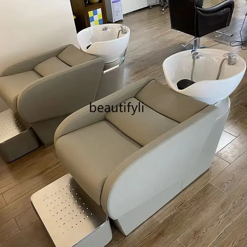 Silla de champú para barbería, cama de champú para salón, Spa, lavabo de cerámica tumbado por la mitad