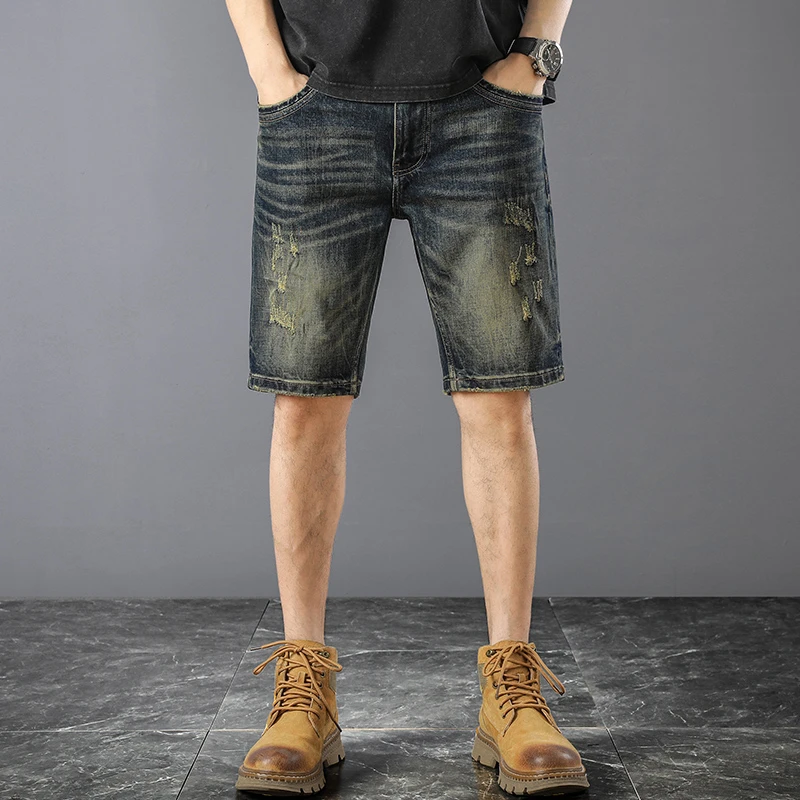 

JXN1009 Scratched denim shorts Men's summer thin fashion straight leg washed stretch Retro versatile casual cropped trousers