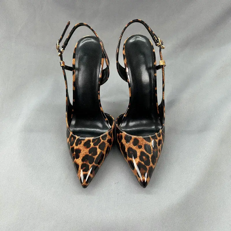 

Новые женские туфли на высоком каблуке 12 см с открытым задником, из лакированной кожи, с леопардовым принтом, с острым носком, на плоской подошве, с открытой пяткой, для женщин.