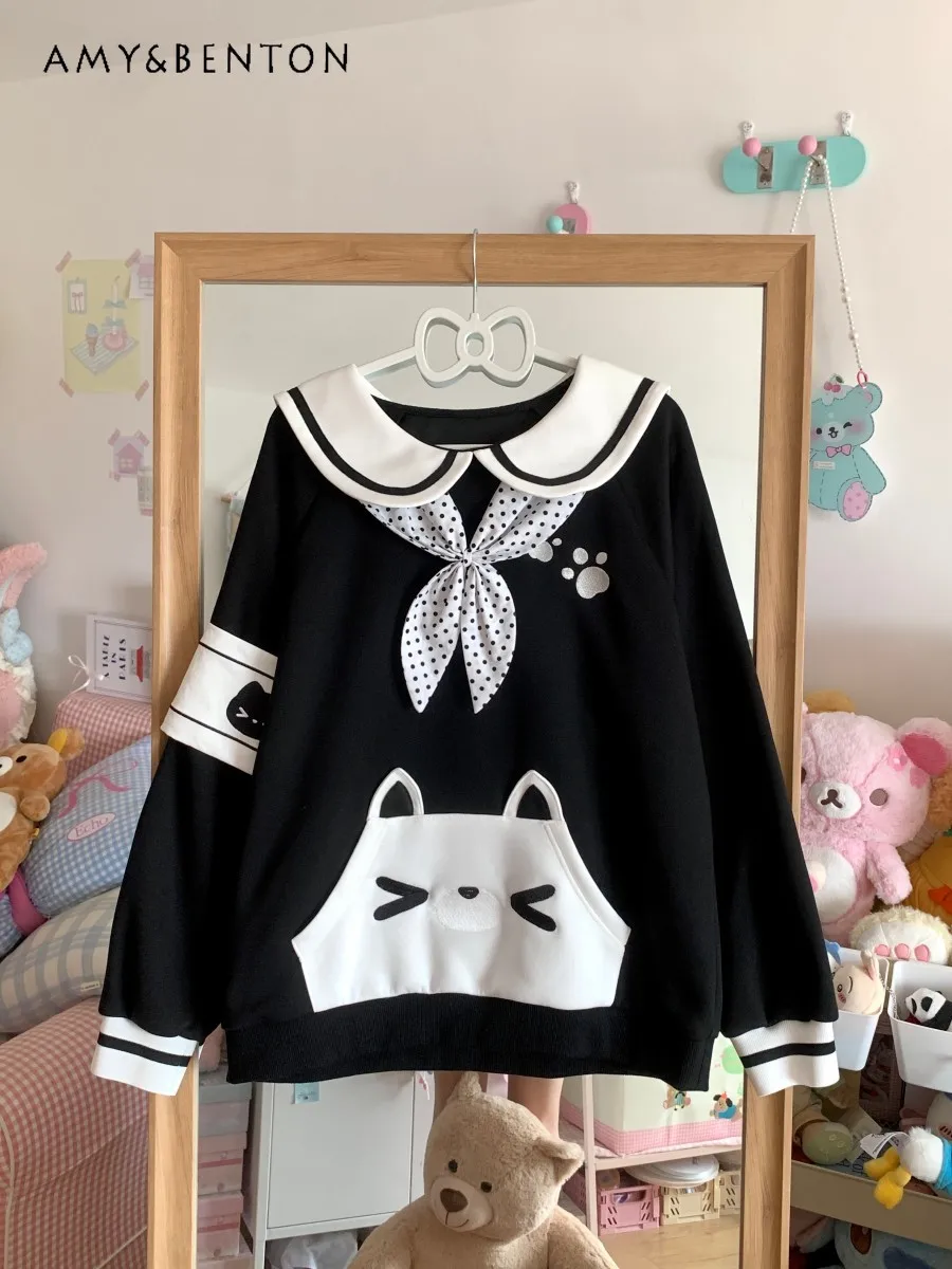 

Cute Girl Navy Collar Cartoon Embroidery Patchwork College Style Sweet Loose Casual Sweatshirt Multi-layer Skirt Two-piece Set