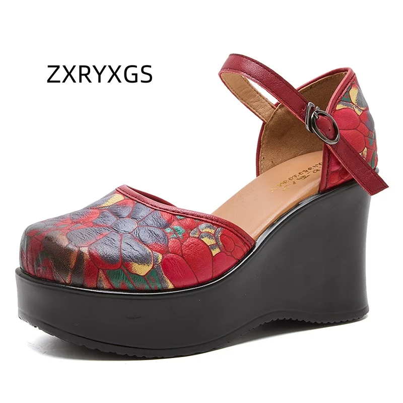 ZXRYXGS Top Layer Cowhide Printed Women Fashionable Sandals Wedges High Heels 2025 Round Headed Side Empty Summer Ladies Sandal