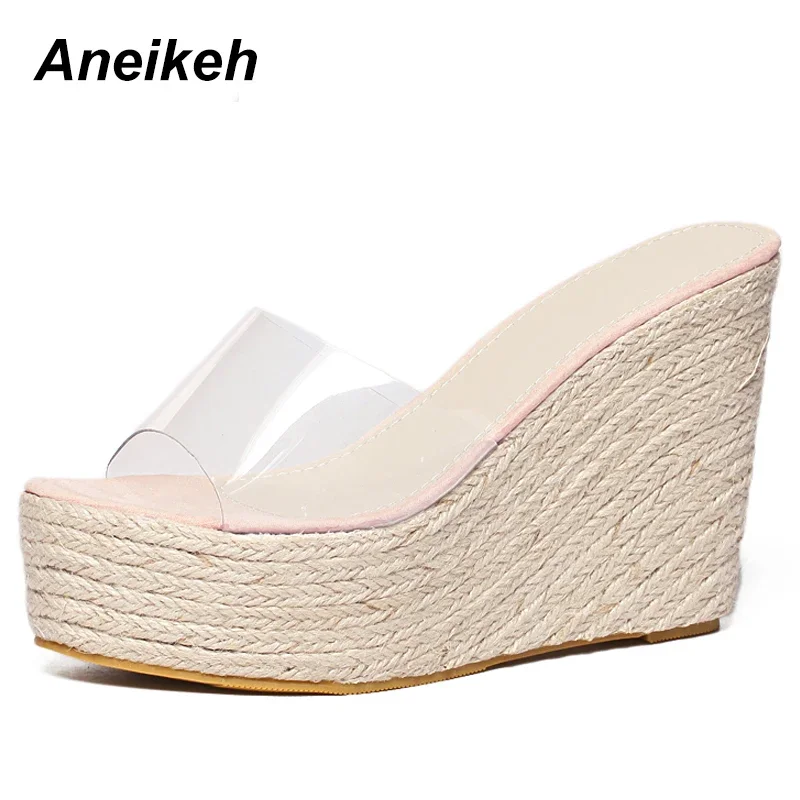 Aneikeh Fashion Summer Women\'s PVC Transparent Slippers Solid Platform Wedges Heels Office Shoes Size 34-40